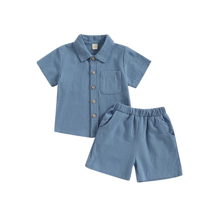 Toddler Boys Cotton Linen Shorts Outfits Button Up Short Sleeve Shirts Solid Color Baby Boy Summe... | Walmart (US)