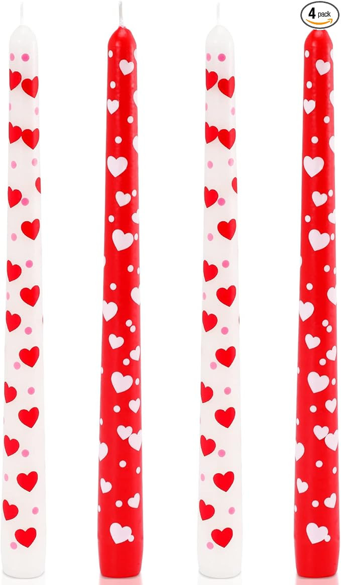 Valentine's Day Taper Candles 10 Inch Tall Set of 4 Unscented Red Heart Candlesticks Unique Valen... | Amazon (US)