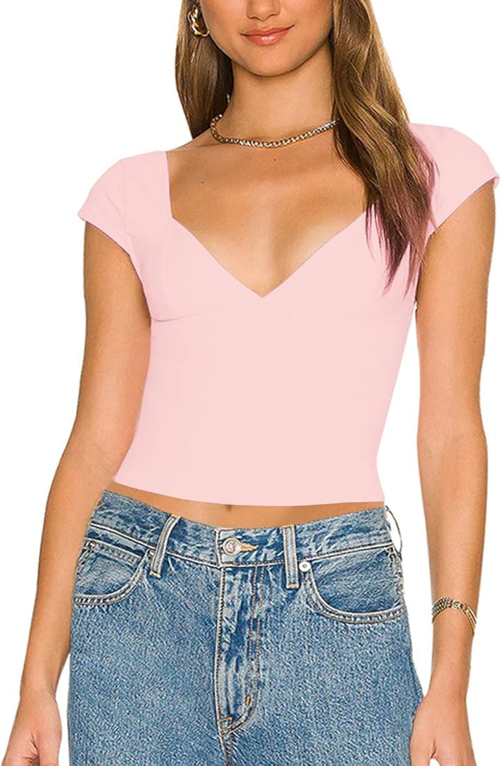 NTSWZYS Womens Crop Tops Sexy Backless Deep V Neck Summer Crop Cami Navel Style Short Sleeve Y2K ... | Amazon (US)