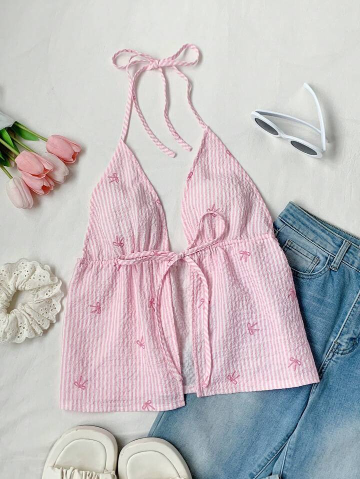 Comfortcana Women's Summer Beach Striped Bow Decor Self-Tie Casual Halter Top,Rave Top | SHEIN