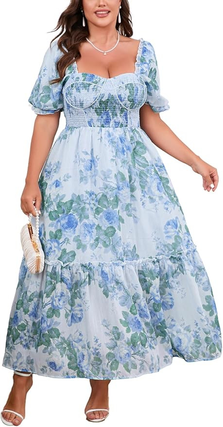 Women's Plus Size Floral Maxi Dress Puff Sleeves Cottagecore Corset Dresses Flowy Smocked Formal ... | Amazon (US)