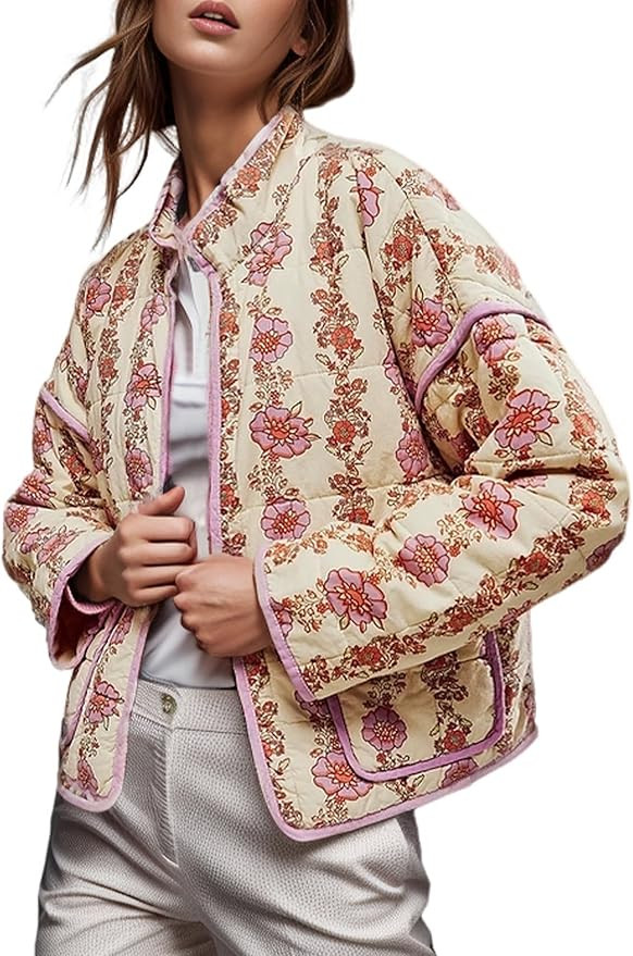 Wyeysyt Women's Cropped Puffer Jacket Lightweight Floral Print Long Sleeve Padded Quilted Puffy C... | Amazon (US)