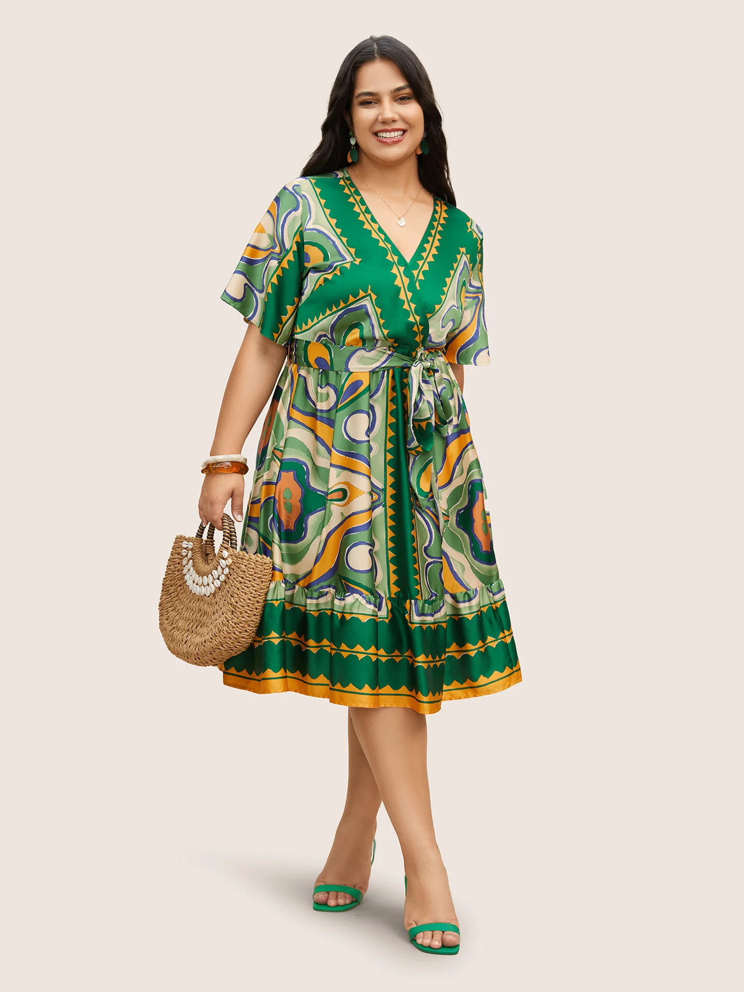 Abstract Print Gathered Overlapping Belted Dress | Bloomchic