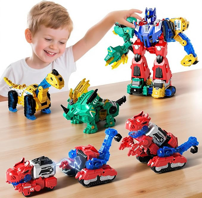 Magnetic Dinosaur Transforming Robot Toys, 6-in-1 Dino Construction Trucks for Kids, Magnetic Car... | Amazon (US)