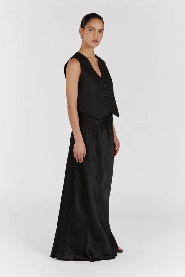 BLOOM SHINY BLACK SATIN MIDI SKIRT | DISSH