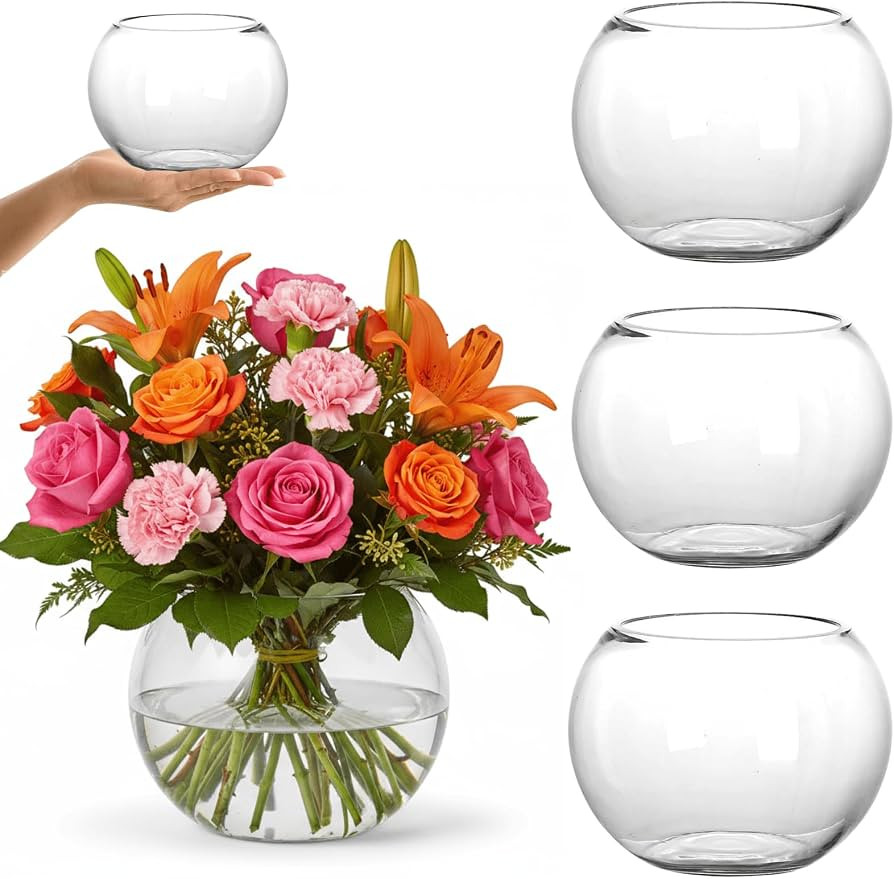 YOUEON 4 Pcs Small Glass Bubble Bowl Vases 6" W x 4.5" H, Round Floating Candle Holders, Glass Te... | Amazon (US)