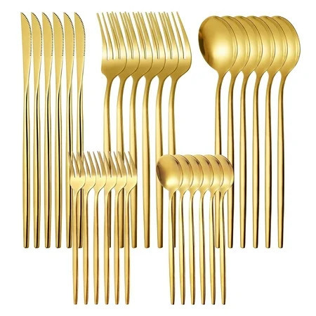 Silverware Sets, 30 Pieces Stainless Steel Flatware Set, Utensils Set Service for 6, Tableware Cutlery Set for Home and Restaurant, Knives Forks Spoons, Mirror Polished, Dishwasher Safe, Gold | Walmart (US)