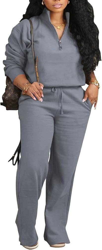 HipGlamp Womens 2 Piece Tracksuit Set Half Zip Mock Neck Top Wide Leg Pants Plus Size Athleisure ... | Amazon (US)