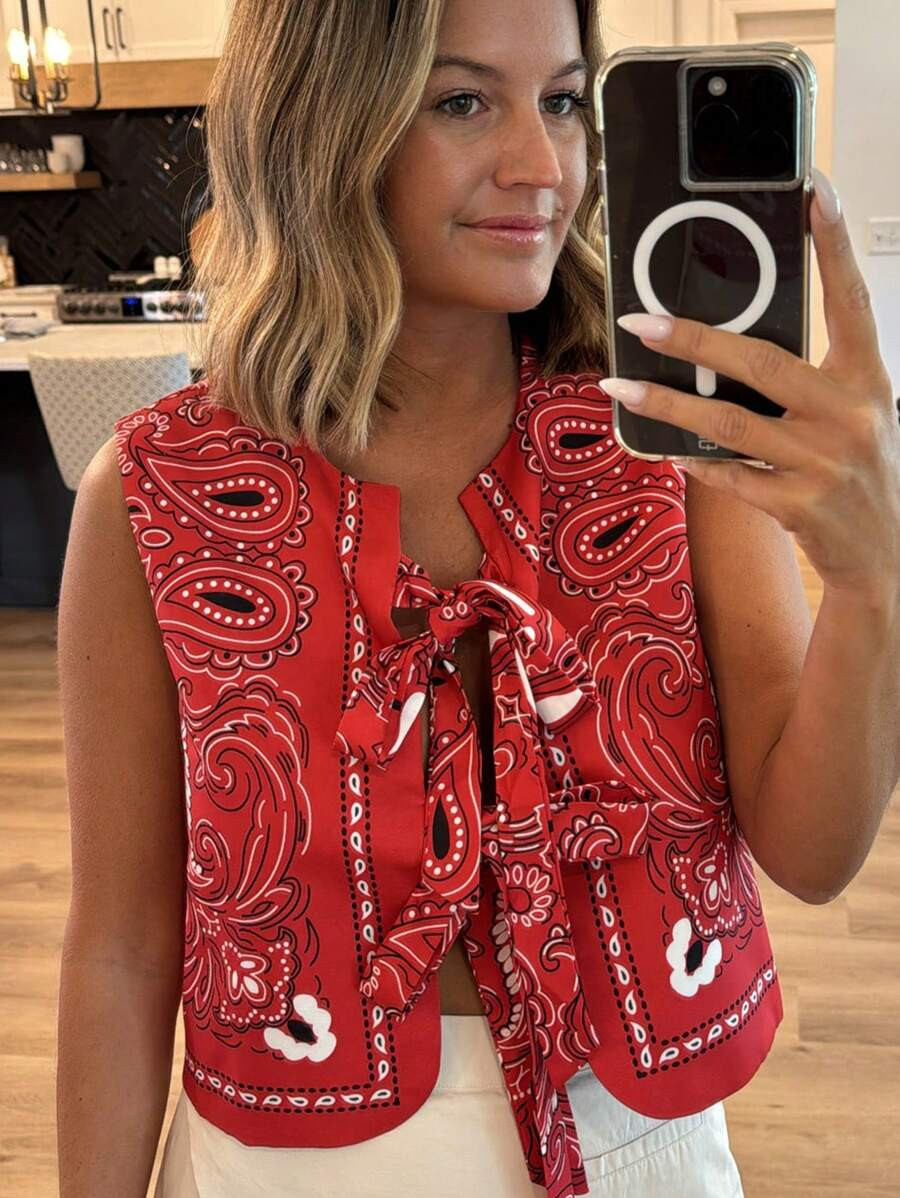 Women's Casual Paisley Print Tie Front Tank Top | SHEIN