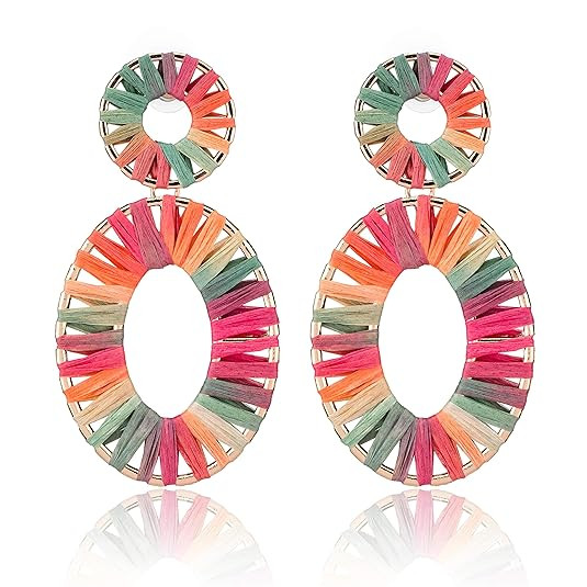 Enameljewelries Rainbow Rattan Drop Earrings Handmade Raffia Geometric Earrings Lightweight Color... | Amazon (US)