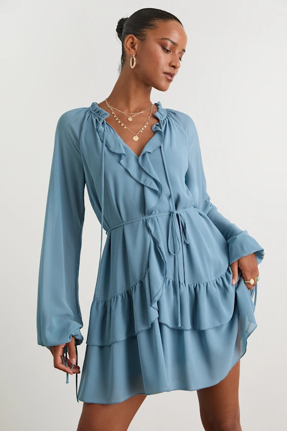 Allirah Light Blue Ruffled Long Sleeve Mini Dress | Lulus