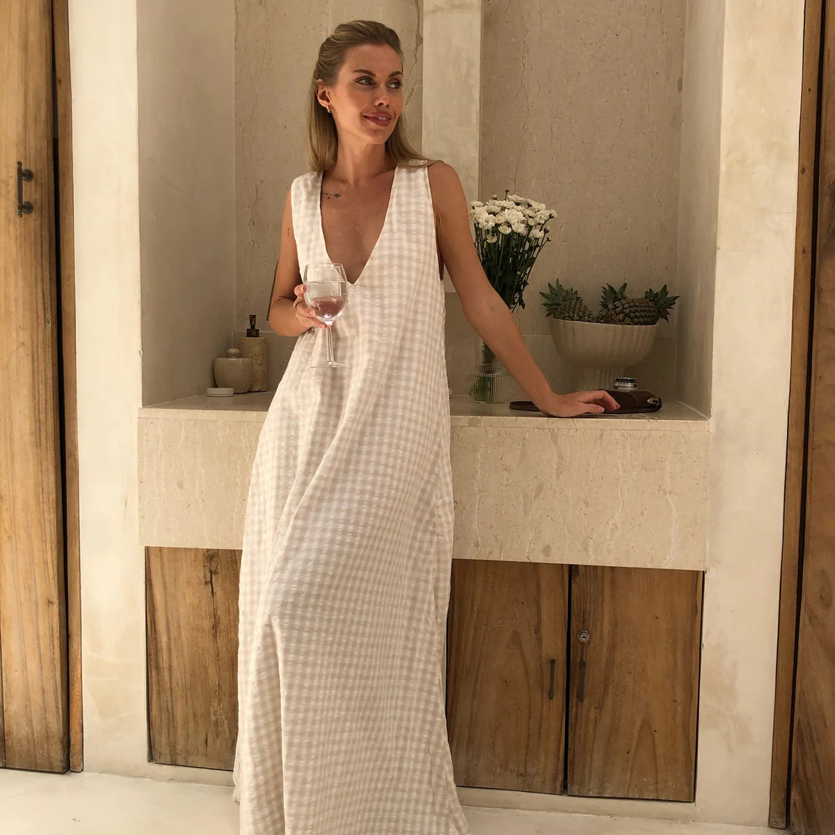 Beige Check Gili Maxi Dress | Quiet Luxury Cotton | Nantucket, Hamptons, Palm Beach & Beach Vacat... | Puka The Label