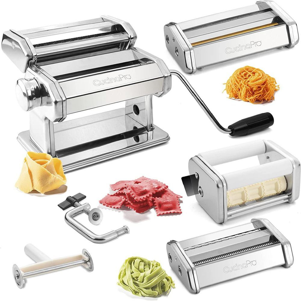 Pasta Maker Deluxe Set 5 Piece Steel Machine w Spaghetti Fettuccini Roller Angel Hair Ravioli Noodle Lasagnette Cutter Attachmen Silver | Oriental Trading Company
