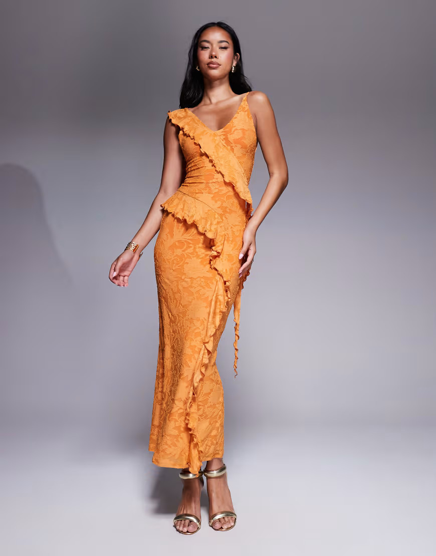 ASOS DESIGN devore ruffle strappy back maxi dress in orange | ASOS (Global)