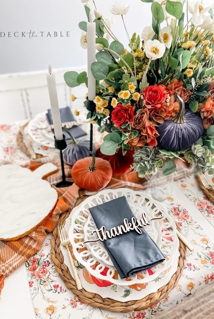 DECK a cozy table use a throw blanket as a table runner! @deckthetable #fall #falltable #thanksgiving #thanksgivingtable #thanksgivingdecor #pumpkin #holiday 

#LTKSeasonal #LTKhome #LTKHoliday