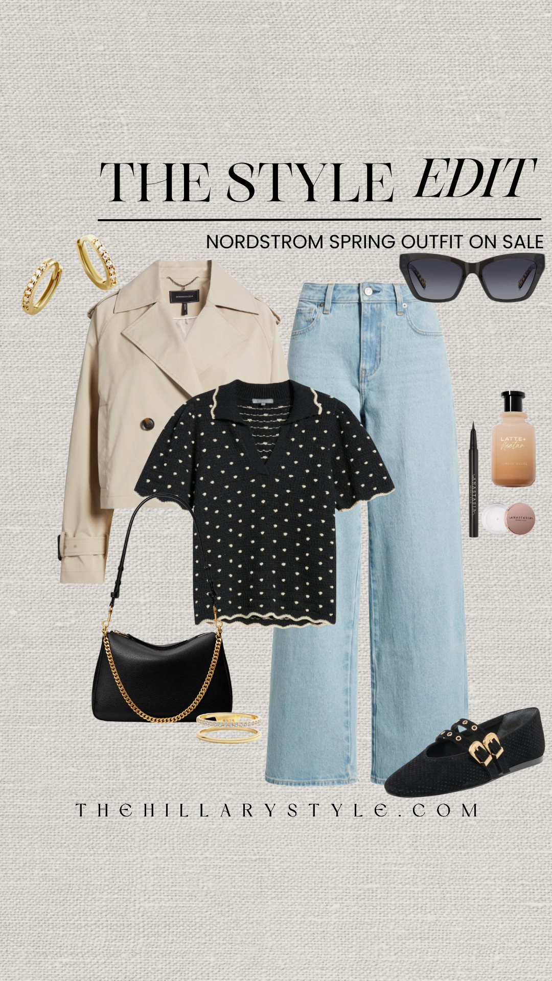 Elevated Spring Style on Sale: Your Effortless Weekend Look
Elevate your transitional wardrobe with this effortlessly chic spring outfit, featuring some of our favorite finds from the Nordstrom Spring Sale. We're styling a cropped trench coat (a must-have for those sunny-but-crisp days) over a textured black knit polo and light-wash wide-leg jeans. Complete the look with on-trend velvet Mary Janes, timeless cat-eye sunglasses, a classic black shoulder bag with gold chain detail, and stacked gold rings. For a polished touch, finish with a natural, dewy makeup look using top beauty picks like the Anastasia Beverly Hills Brow Pen. This versatile look perfectly blends casual cool with quiet luxury—the ideal combination for a brunch date, coffee run, or weekend errands. 

 #TheHillaryStyle #NordstromSpringSale #SpringOutfitInspo #EffortlessStyle #CapsuleWardrobe #ElevatedBasics #SpringTrends2026 #CroppedTrench #MaryJanes #WideLegJeans #PolkaDotStyle #WeekendLook #NeutralAesthetic #AffordableLuxury #NordstromFinds 

#LTKootd #LTKSeasonal #LTKSaleAlert