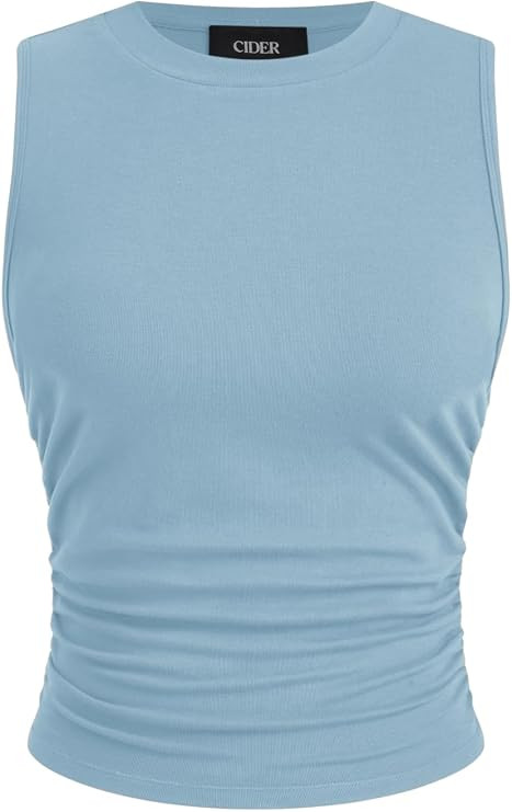 CIDER Womens Tank Tops Sleeveless High Neck Ruched Crop Tops Going Out Casual Basic Ribbed Shirt ... | Amazon (US)