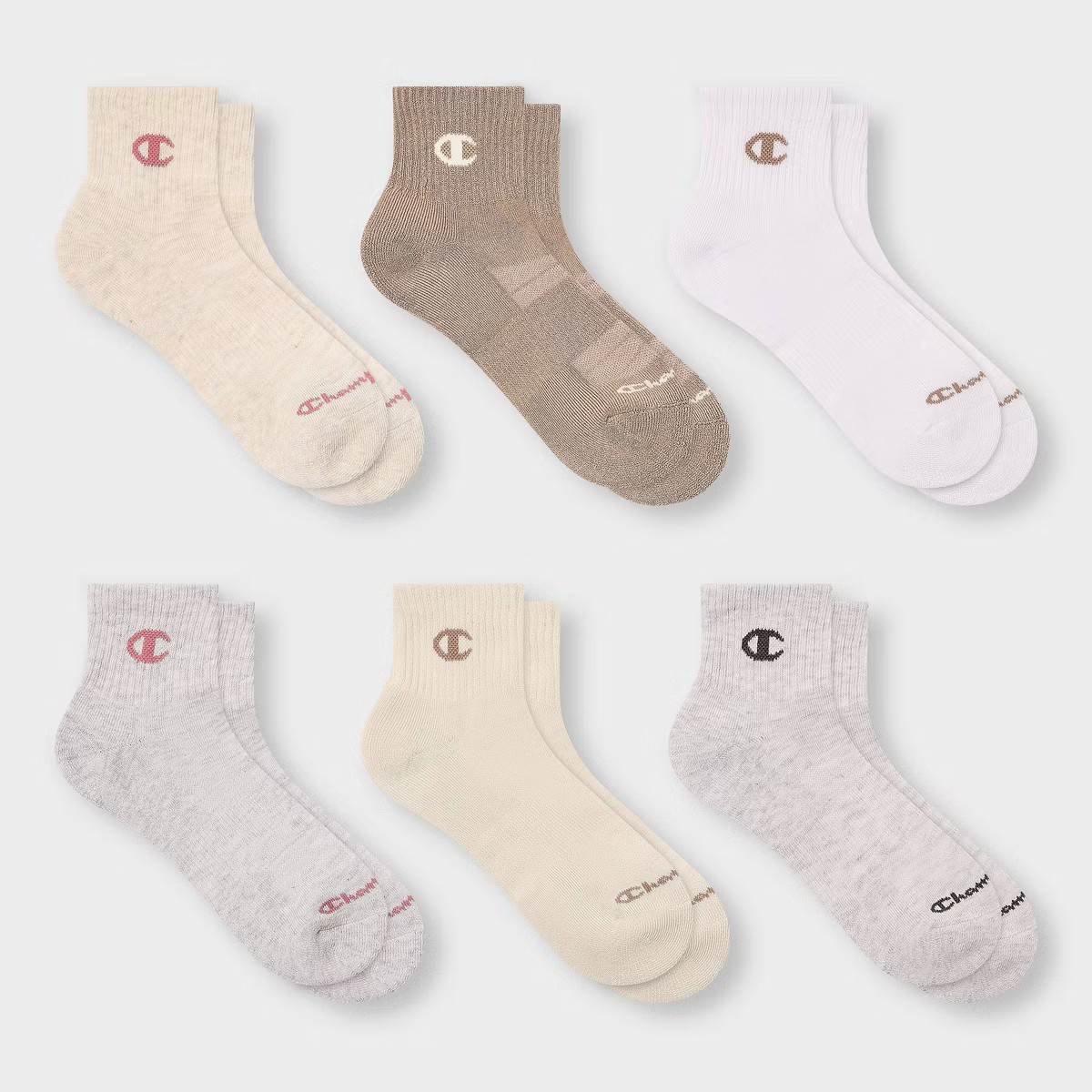 Champion Iconic Essentials Women's 6pk Cushioned Quarter Crew Socks - Oatmeal/Tan/White/Gray 4-10 | Target