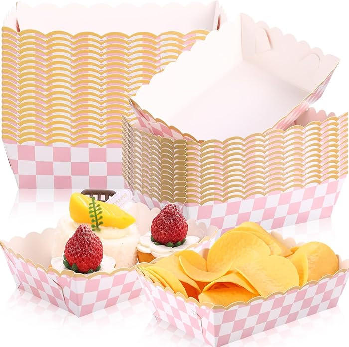 Dunzoom 50 Pack Gingham Paper Plates Food Trays Pink and White Checkered Polka Dot Plates Disposa... | Amazon (US)