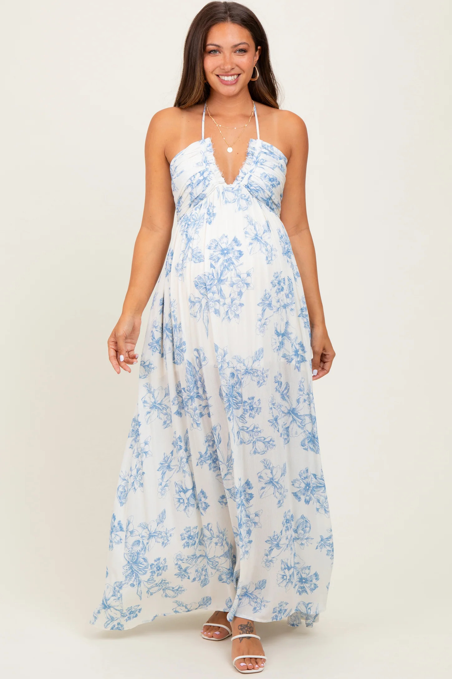 Light Blue Floral Tie-Back Halter Maternity Maxi Dress | PinkBlush Maternity