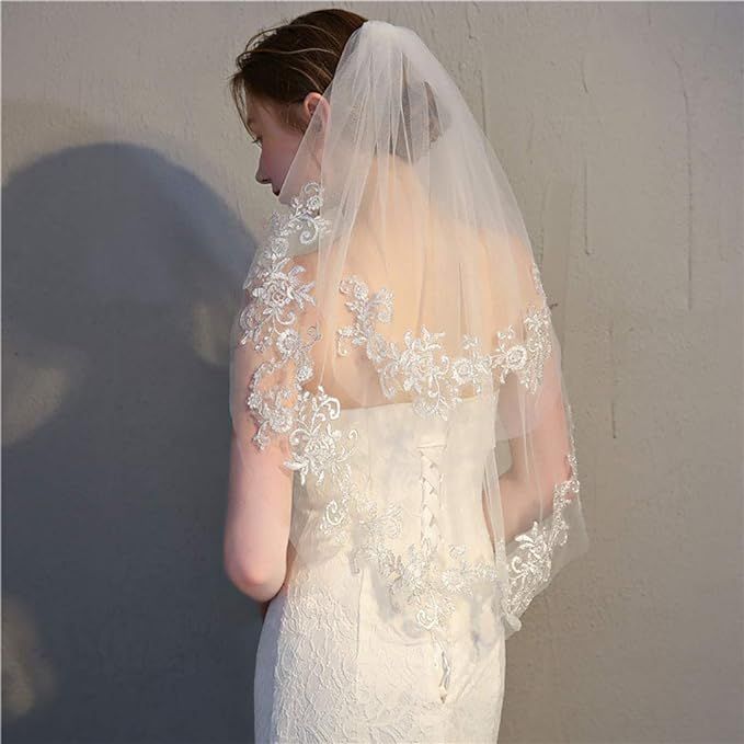 Ursumy Wedding Lace Veil Short Sparkle Waist Veils 2 Tier Soft Tulle Bridal Veils with Comb (Whit... | Amazon (US)