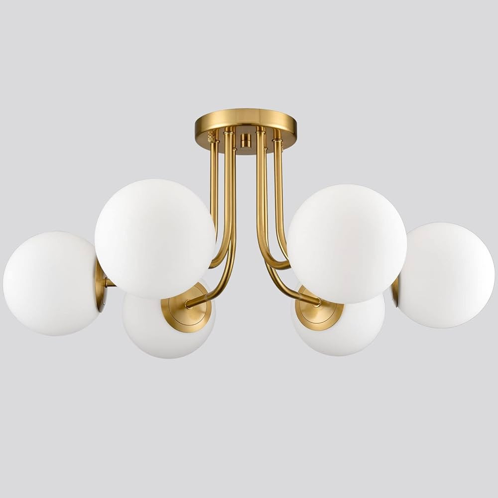 Modern Brushed Brass Gold 6-Light Ceiling Light with Globe White Glass Shade Semi Flush Mount Lig... | Amazon (US)