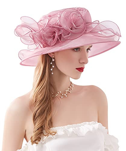Z&X Organza Church Fascinator KY Derby Hats for Women Flower Wedding Tea Party Hat Wide Brim Sun Hat Pink | Amazon (US)