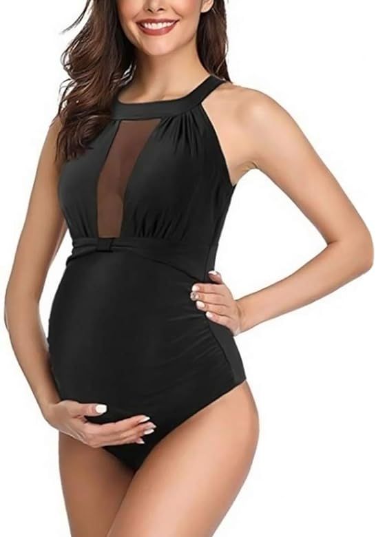 Wiselect Maternity One Piece Swimwear Womens High Neck Ruched Summer Swimsuits Pregnancy Beachwear | Amazon (US)