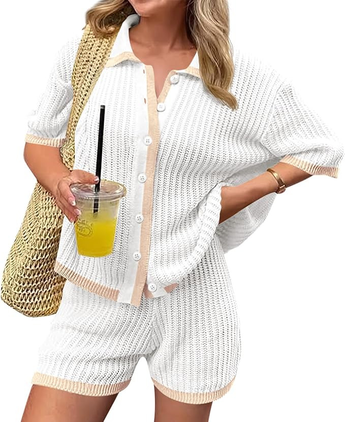 Cicy Bell Womens 2 Piece Short Sets Summer Short Sleeve Collared Tops Beach Vacation Cover Up Cro... | Amazon (US)