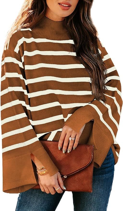 AlvaQ Women's 2023 Fall Winter Bell Sleeve Mock Neck Striped Sweater Casual Loose Ribbed Knit Pul... | Amazon (US)