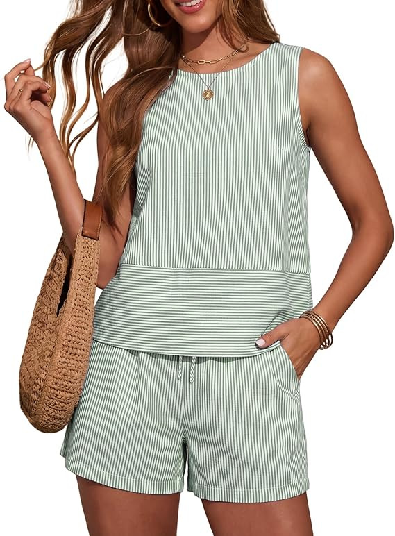 LOMON Women's Trendy 2 Piece Outfits Shorts Sets Summer Crew Neck Sleeveless Tank Top and Bottom ... | Amazon (US)