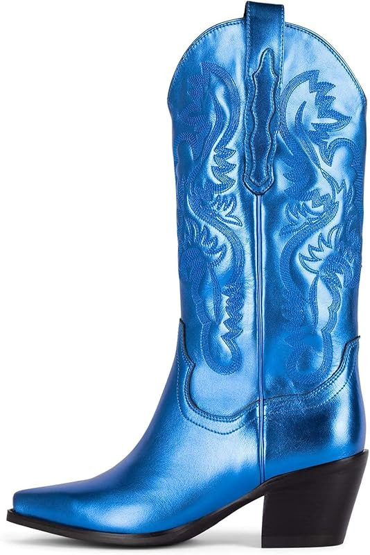 Western Cowboy Boots,Metallic Leather Mid Calf Boot Pointed Toe Embroidered Chunky Cowgirl Shoes | Amazon (US)