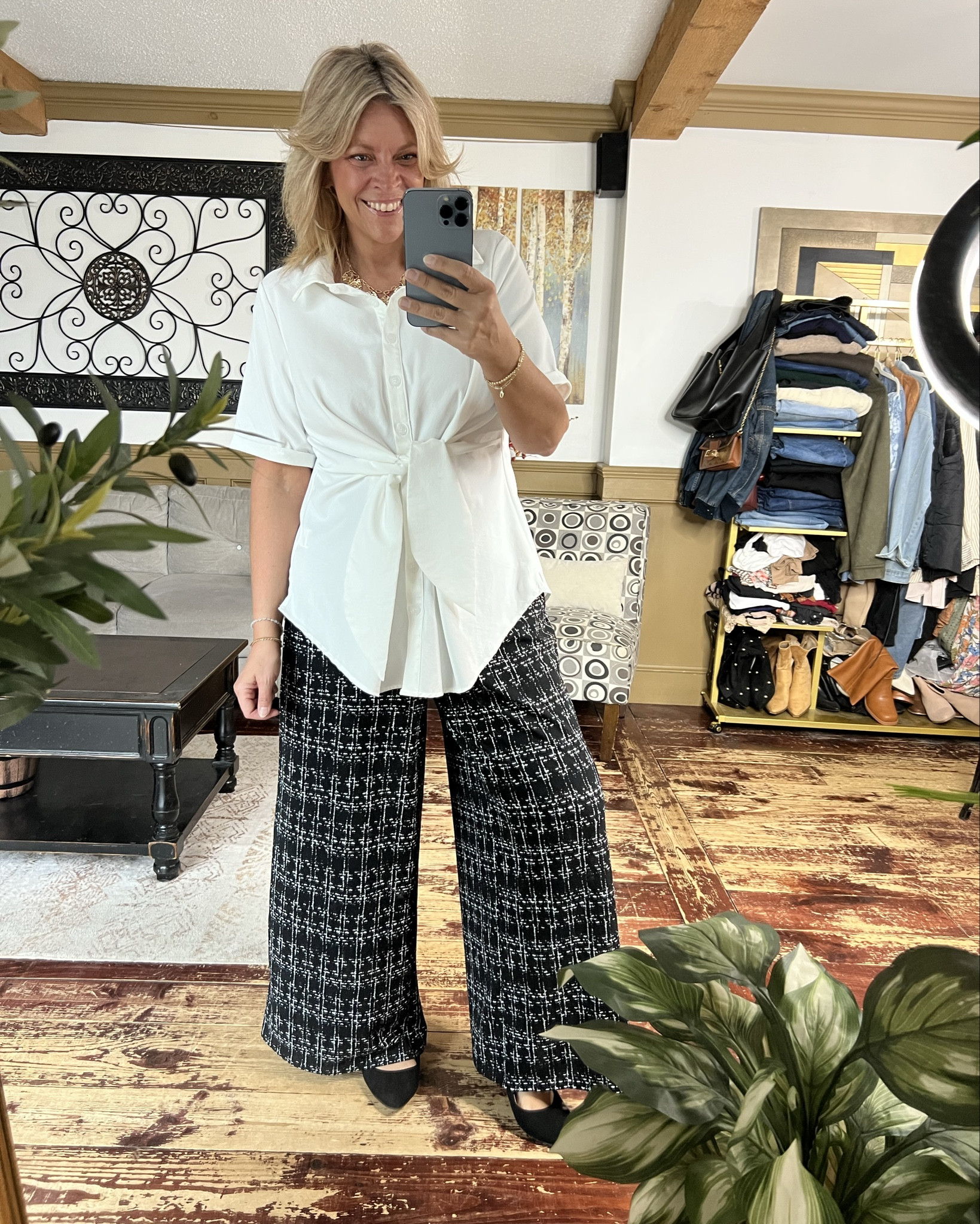 Two new workwear tops- which is your fave? Wearing size 12 in the blouses and 14-16 in the wide leg pants 

#LTKWorkwear #LTKMidsize #LTKOver40