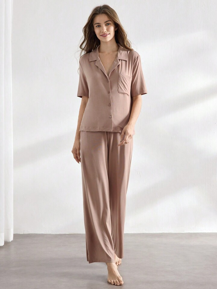 Ocili Ocili 2pcs Women's Solid Front Button Decorative Pocket Short Sleeve Top And Pants Casual Suit Holidayseason | SHEIN