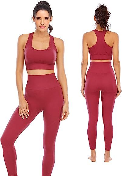 Workout Sets for Women 2 Piece High Waisted Seamless Leggings with Padded Sports Bra Sets Yoga Outfi | Amazon (US)