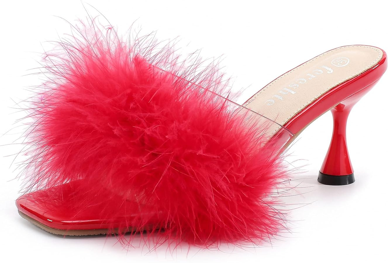 fereshte Women's Feather Mule Sandals, Kitten Heel, Square Open Toe, Slip On, Fluffy Fur Clear St... | Amazon (US)