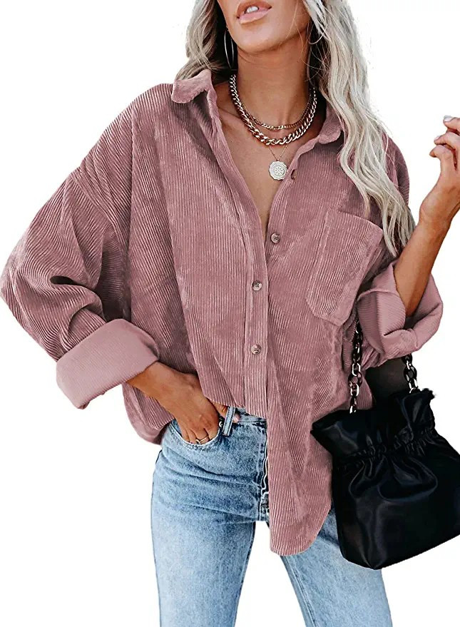 Dokotoo Womens Corduroy Button Down Shirts Boyfriend Long Sleeve Oversized Blouses Tops | Amazon (US)