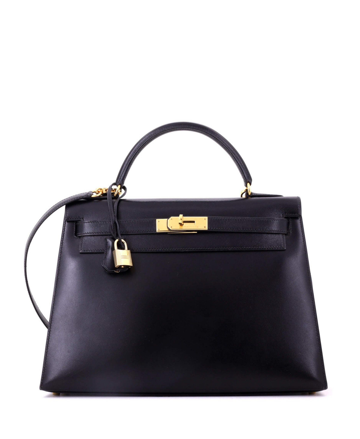 Pre-Owned HERMES Kelly 32 Handbag Black Box Calf with Gold Hardware - Black | Macy's