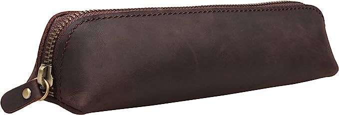 IBLUE Vintage Leather Zipper Pen Pencil Pouch Case Holder Bag #P-1 (Brown) | Amazon (US)