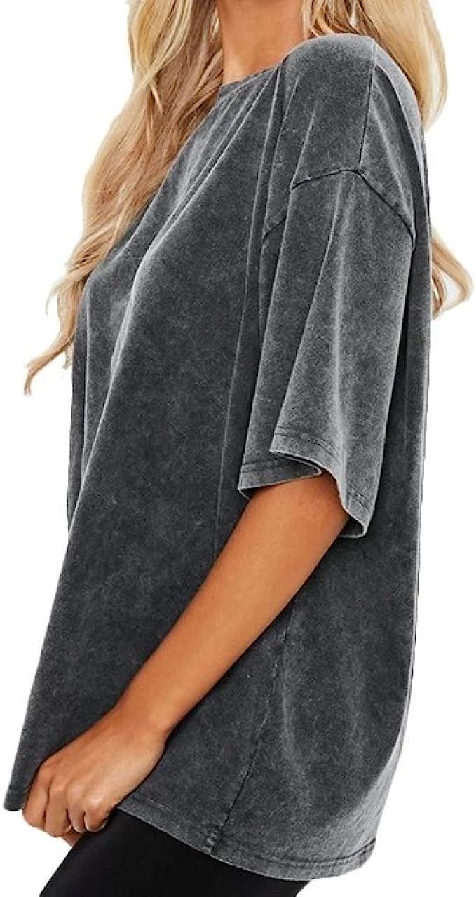 Dynec Acid Wash Distressed Women's Oversized T-Shirt, Soft Gray Cotton, Acid Washed Black Shirt | Amazon (US)