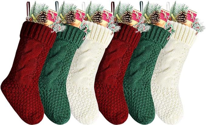 Kunyida 14" Unique Burgundy and Ivory and Green Knitted Christmas Stockings,6 Pack | Amazon (US)