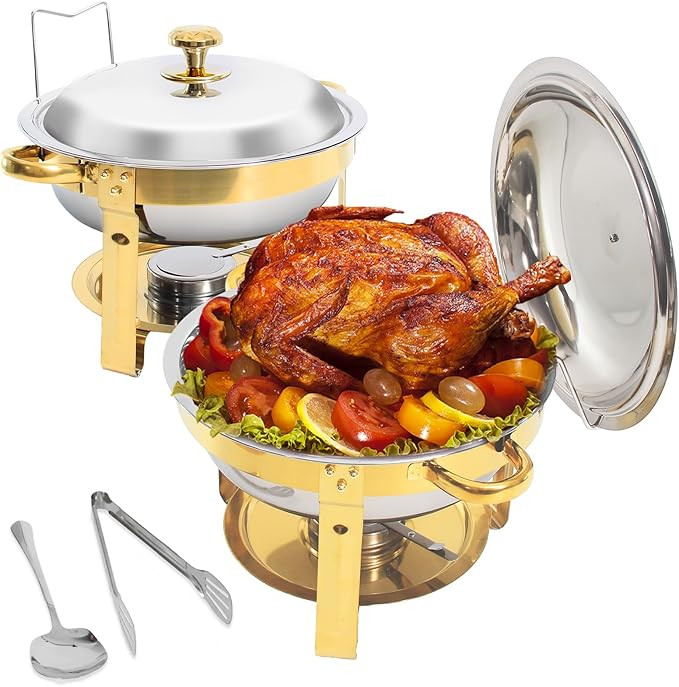 2-Pack Gold Round Chafing Dishes for Buffet, 5QT Stainless Steel Buffet Chafing Set for Catering,... | Amazon (US)