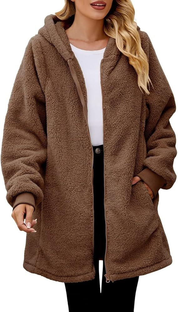 Womens Oversized Casual Jacket Fuzzy Fleece Zip Up Cardigan Warm Winter Hooded Coats with Pockets... | Amazon (US)