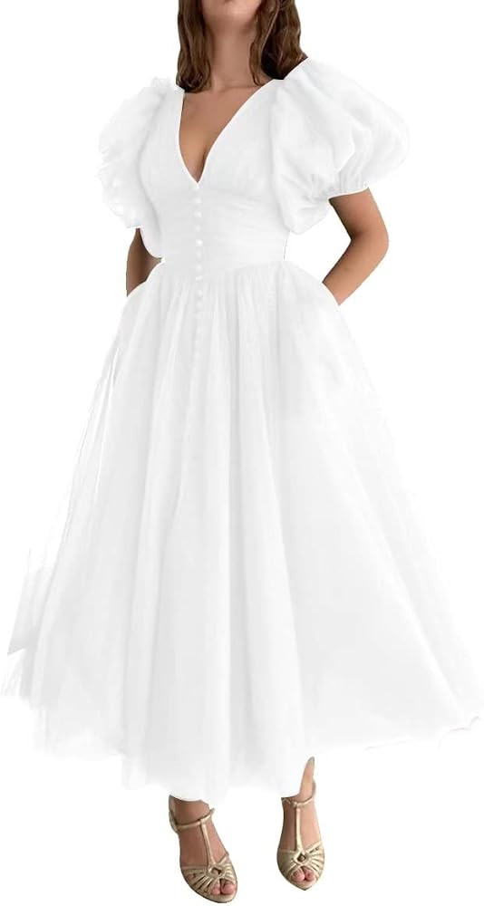 Xijun Puffy Sleeve Prom Dresses for Women Dotted Tulle V Neck Formal Evening Party Gowns Tea Leng... | Amazon (US)