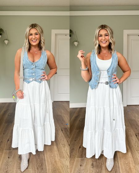 Country concert outfit | rodeo outfit 

Sizing:
Denim vest medium
White maxi skirt medium 
Seamless cami small
Boots- went with my larger size 

#LTKFindsUnder100 #LTKFindsUnder50 #LTKFestival