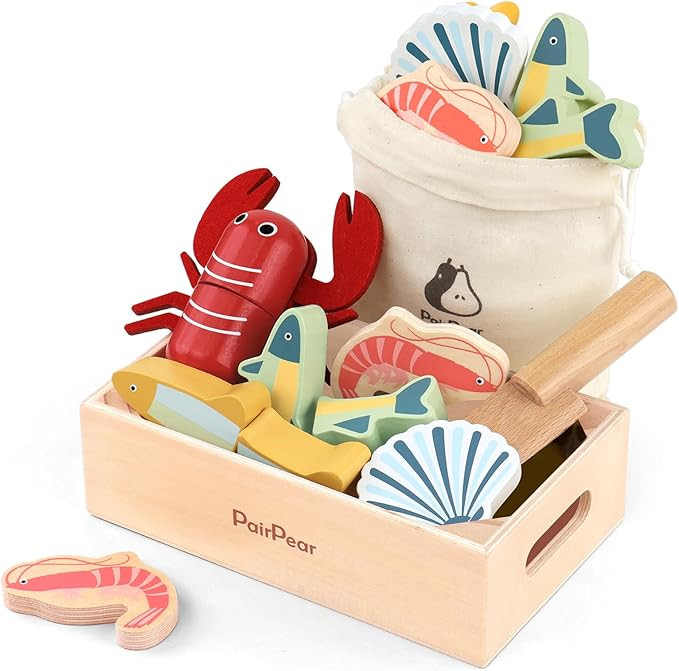 PairPear Wooden Play Food Cutting Seafood Set - Toddlers Wooden Toy Food Pretend Play Kitchen Acc... | Amazon (US)