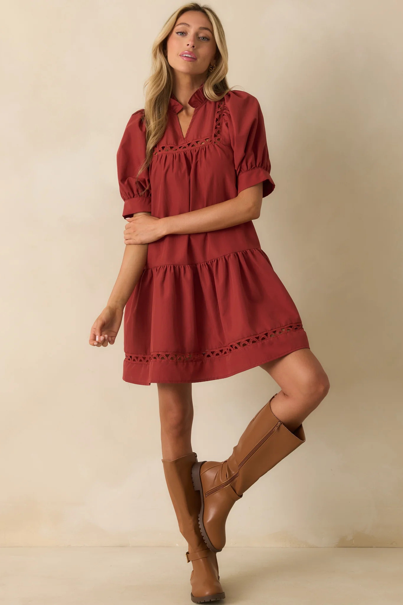 Feels Just Right Brick Red Puff Sleeve Embroidered Eyelet Mini Dress | Red Dress