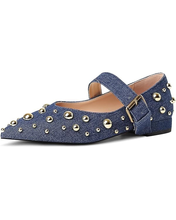 Women's Studded Flats Pointed Toe Mary Jane Flat Shoes | Amazon (US)