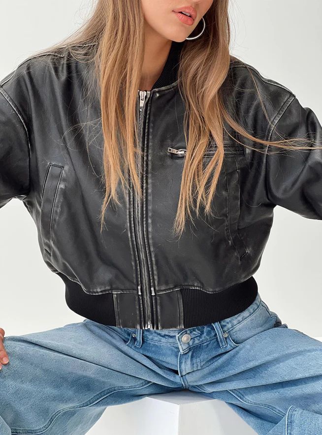 Sweet Disaster Faux Leather Cropped Bomber Jacket Black | Princess Polly US