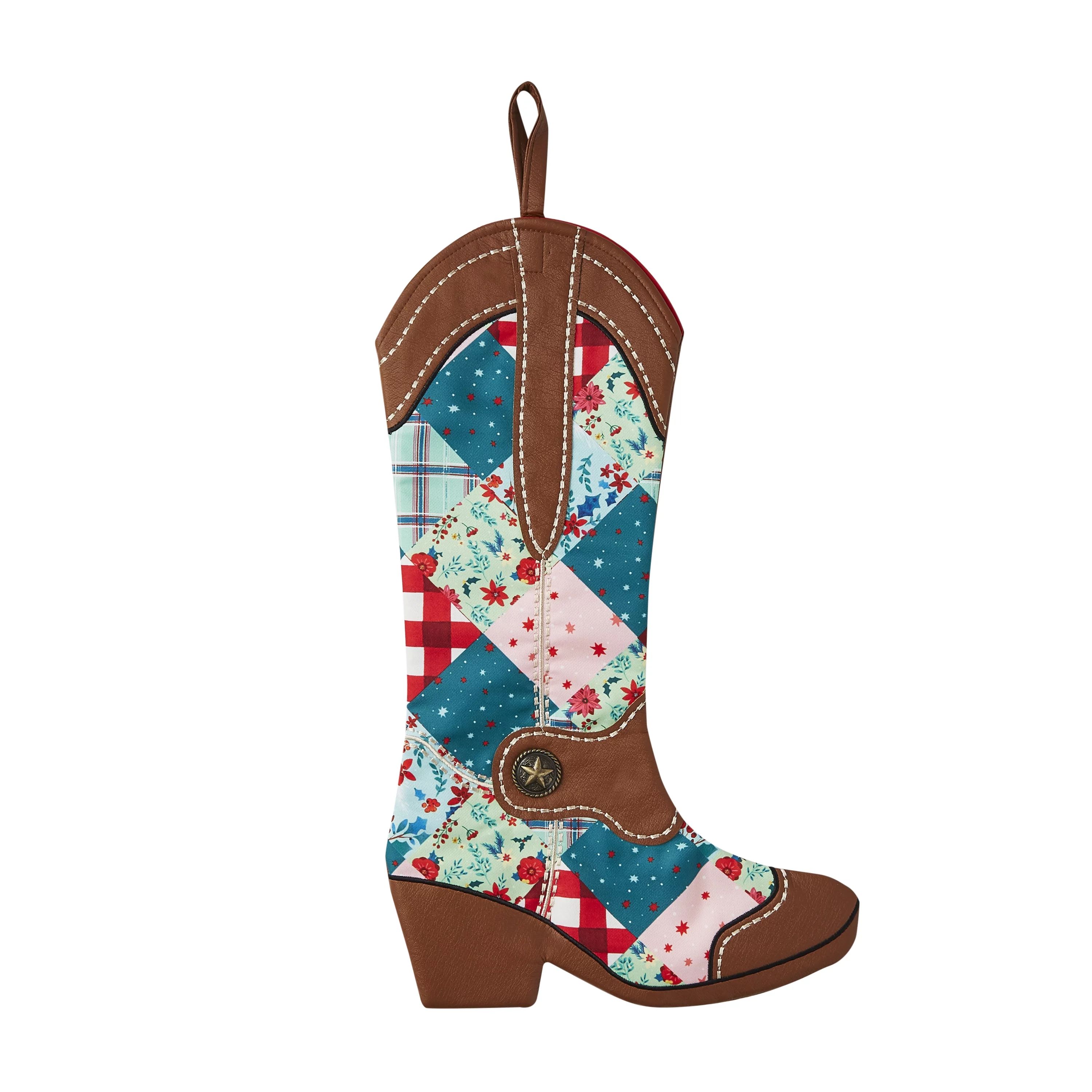 The Pioneer Woman Multi-Color Patchwork Boot Polyester Christmas Stocking, 20" | Walmart (US)